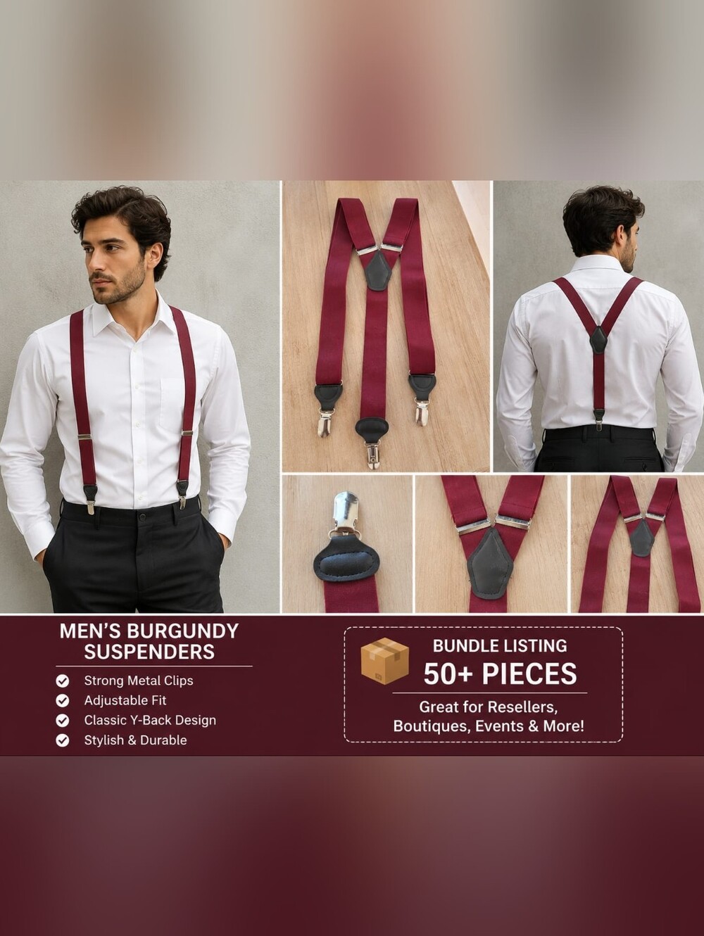 50+ Men's Burgundy Suspenders - Classic Y-Back Adjustable Braces